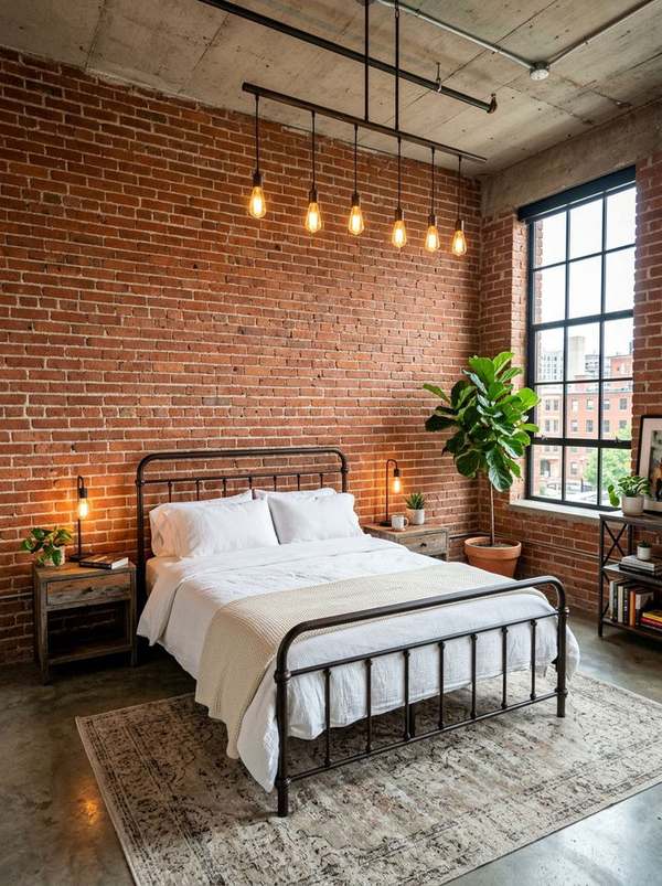 Brick bedroom with white bedding, hanging Edison bulbs, and a tall window.