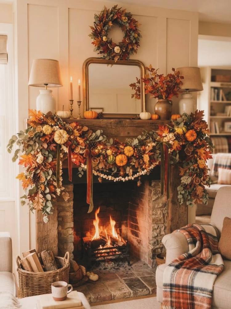 living room with brick fireplace, heavy garland, plaid sofa, natural wood, warm lighting