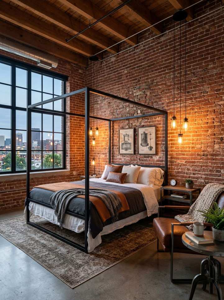 Brick loft bedroom with a black canopy bed, Edison lighting, and leather chair.