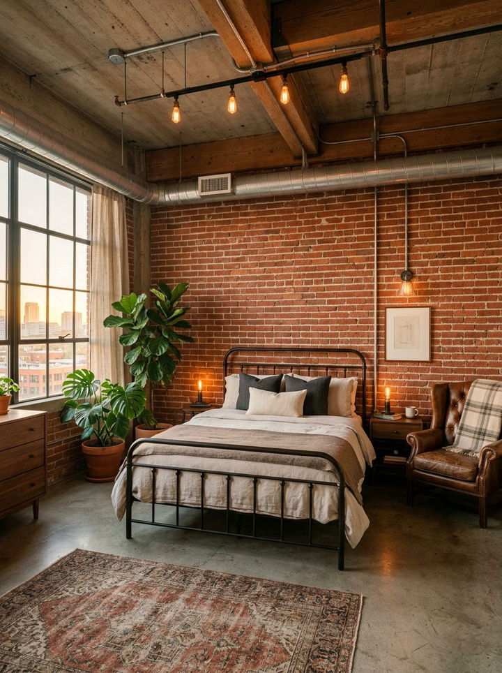 Brick loft bedroom featuring a leather armchair, large plants, and exposed ductwork.