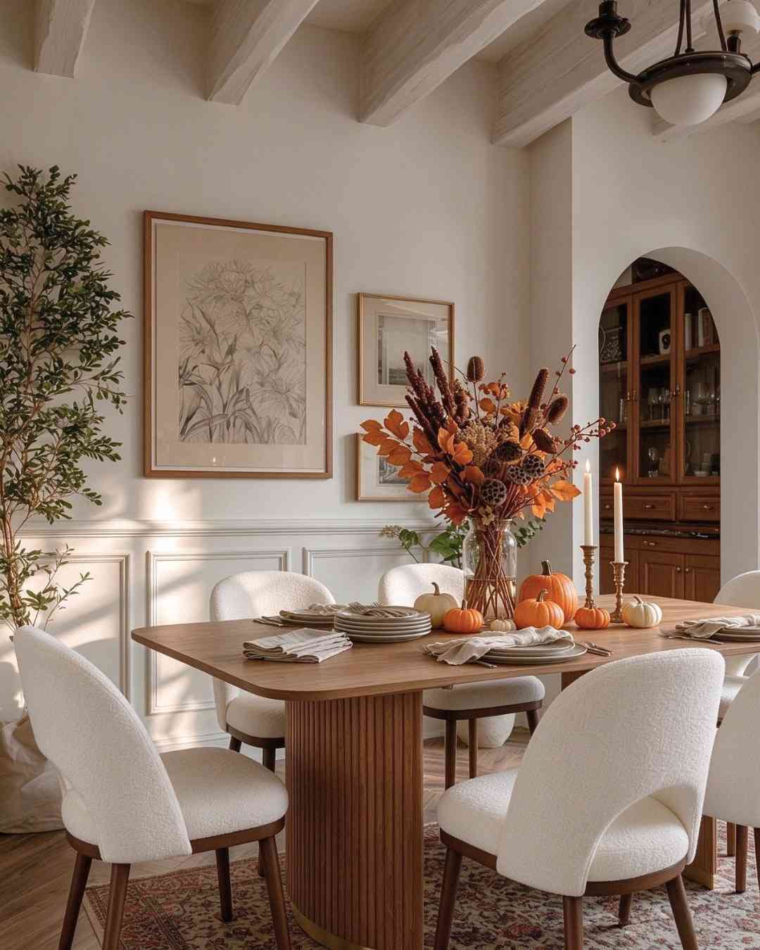 Sunlit dining room, bright orange pumpkins, fresh autumn leaves, light wood table, natural daylight.