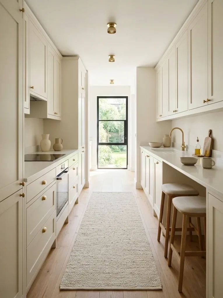 Compact galley kitchen with white cabinets, pastel yellow backsplash, glass front pantry, recessed lighting.