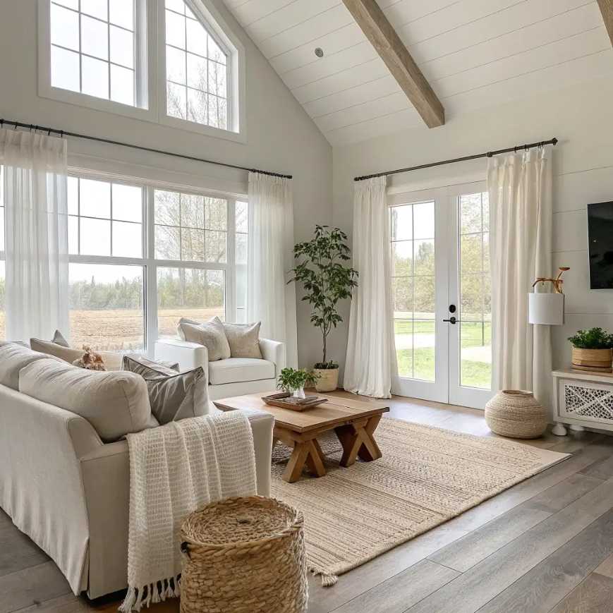 Living room with floor‑to‑ceiling linen curtains, light wood coffee table, airy atmosphere.
