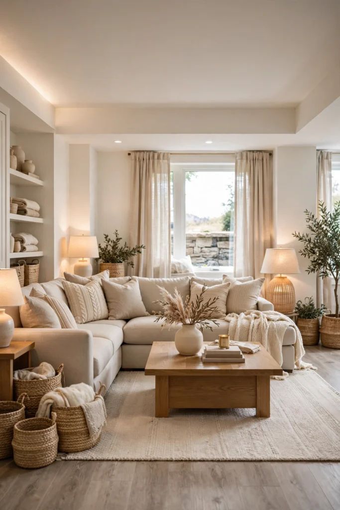 Bright basement living room with white curtains and neutral sectional sofa