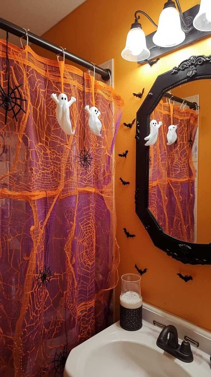 Bright orange bathroom walls, hanging ghost silhouettes, netting shower curtain, warm white lighting, brushed gold fixtures.