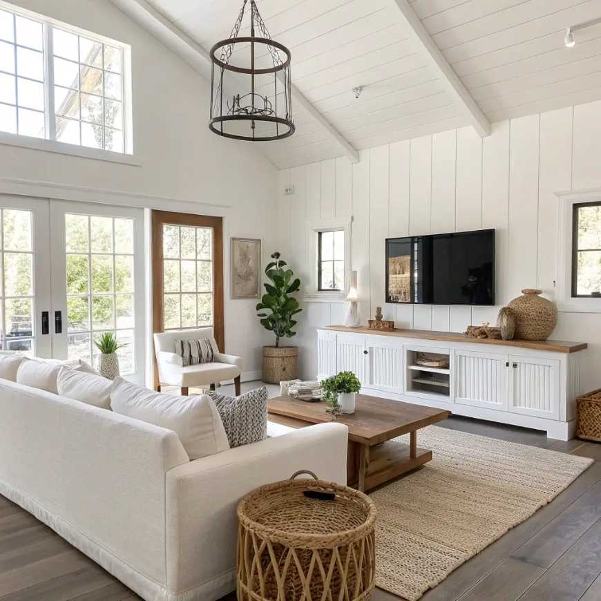 Living room walls clad in bright white shiplap, vaulted ceiling, cozy rug.