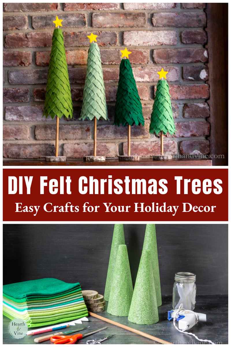Living room shelf with dark grey felt trees featuring metallic gold thread embroidery details.