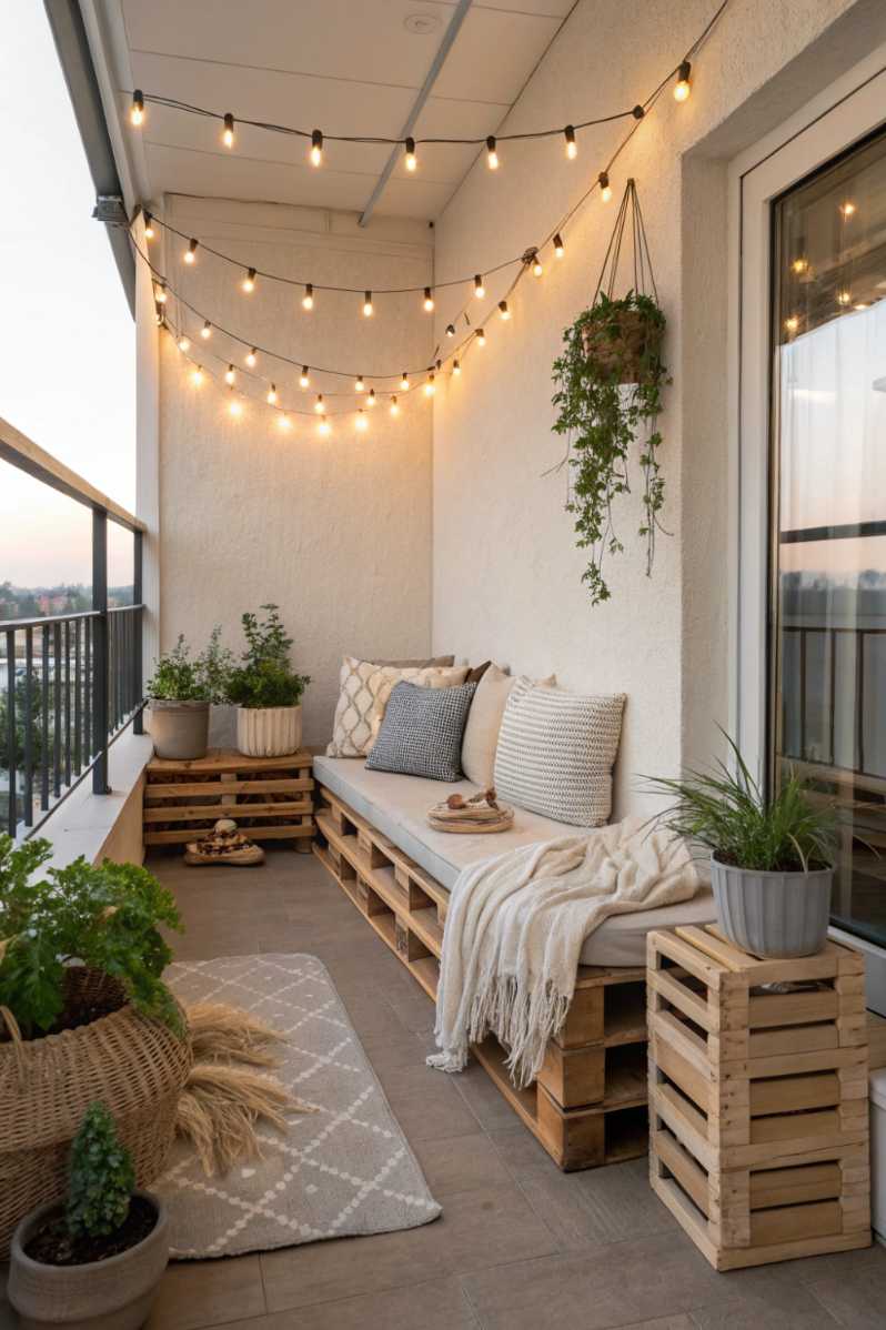 Budget‑friendly balcony seating built from reclaimed pallets, accented with string bistro lights.