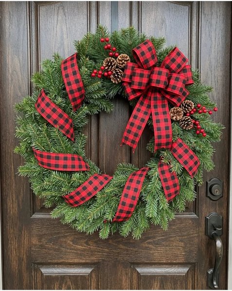 Buffalo plaid ribbon wreath on wood door with warm lighting