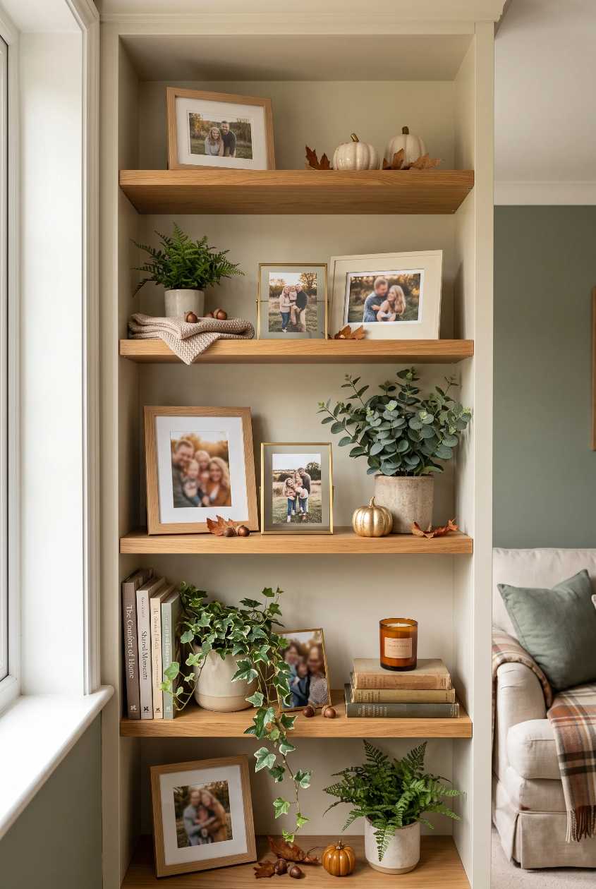 White built-in shelves with ceramic pumpkins books stacked horizontally warm lamp glow
