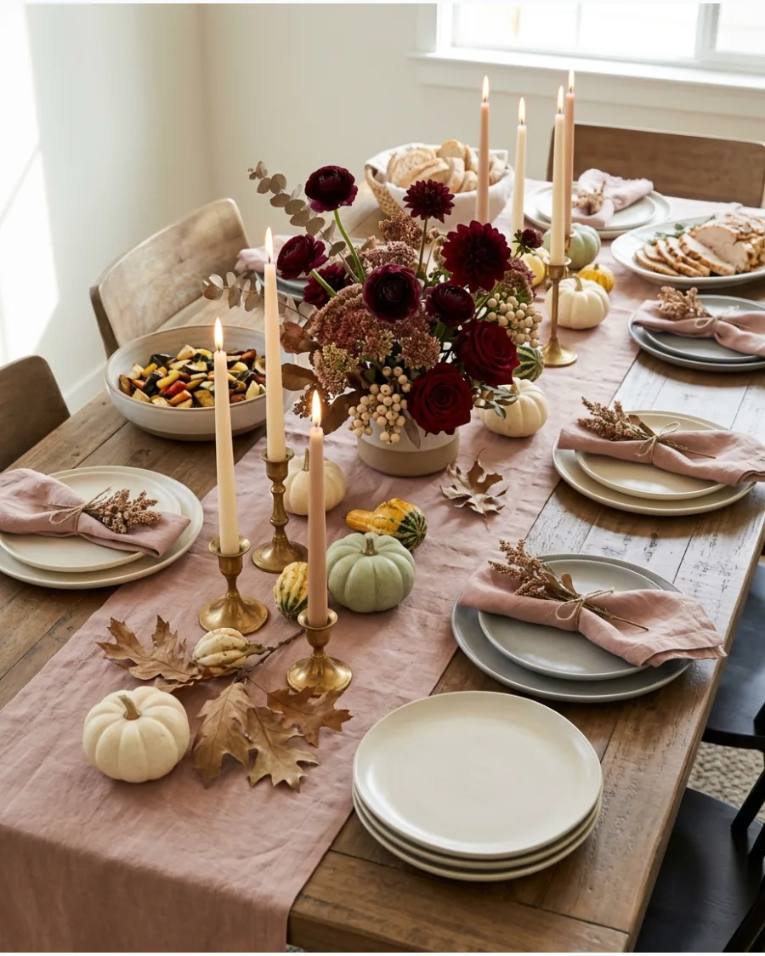 Burgundy and blush tablescape with satin ribbons and soft floral arrangements