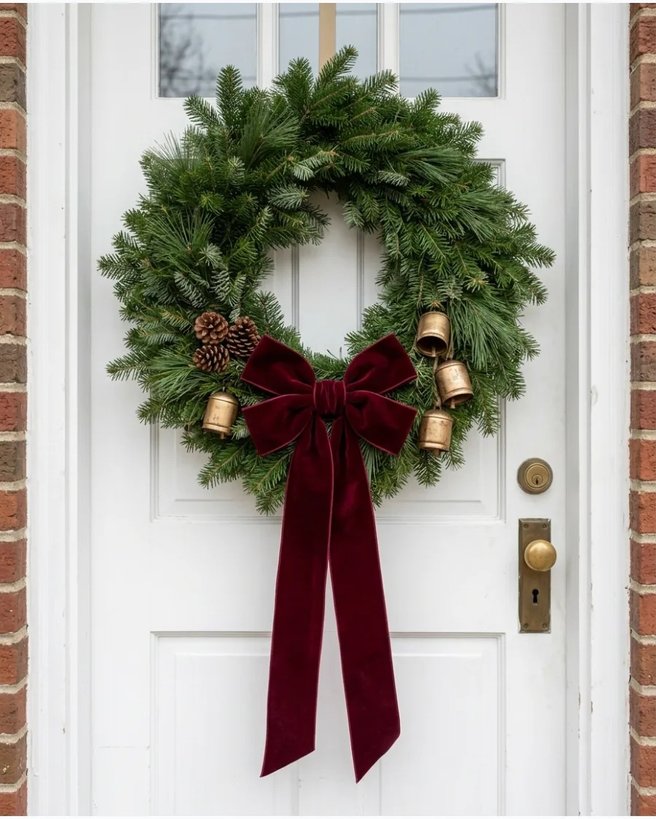 Burgundy bow bells wreath on white door with gold accents