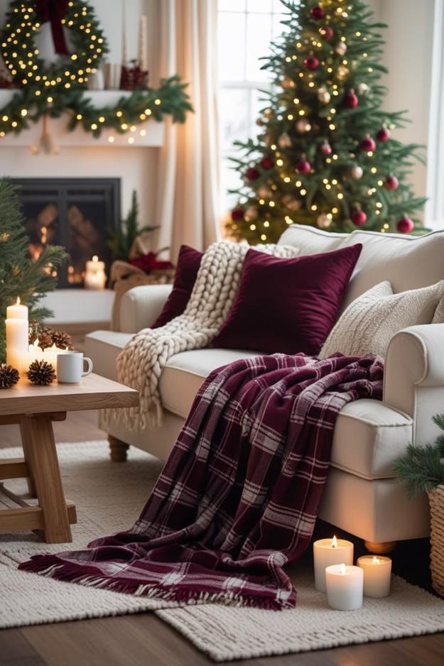 Set of three burgundy velvet cushions in different sizes on a gray sofa