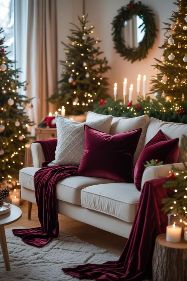 Burgundy glass ornament hanging from a ceiling hook in a living room