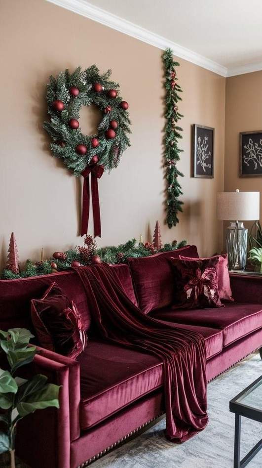 Clear glass bowl filled with burgundy glass ornaments and pine cones on a table