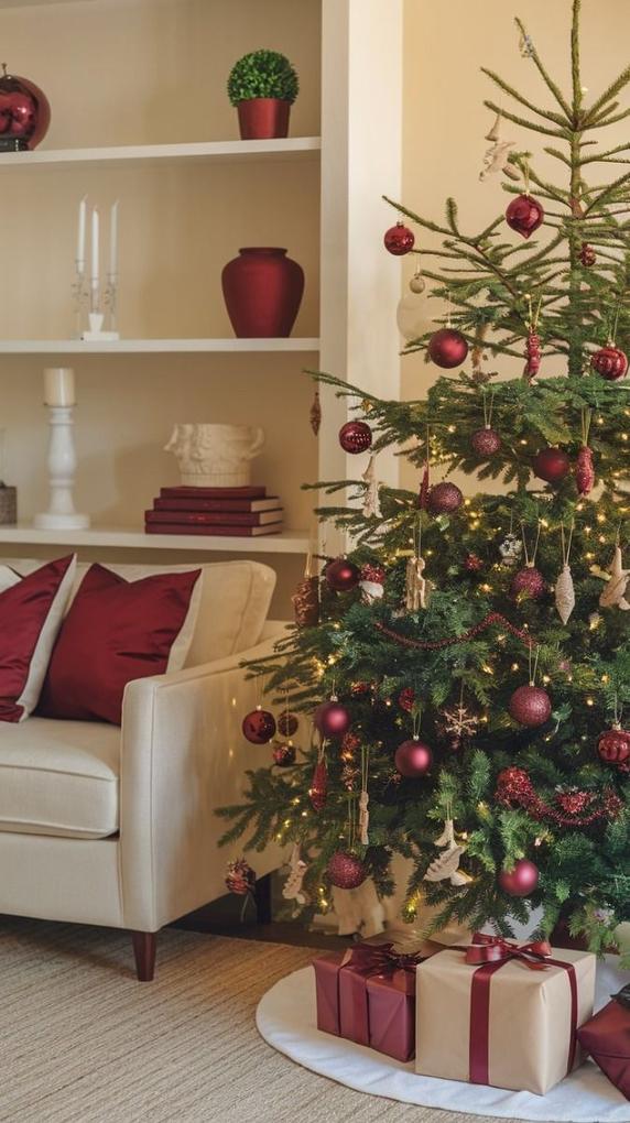 Small Christmas tree decorated with burgundy glass ornaments and gold lights