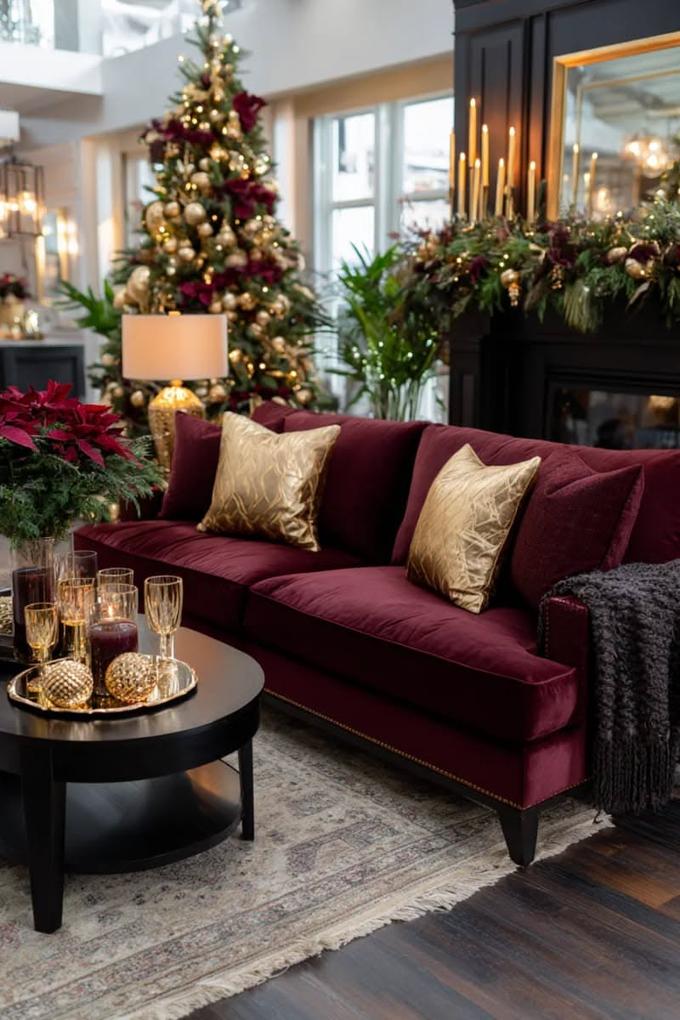 Wooden coffee table with burgundy ribbons and pine branches in a rustic living room setting