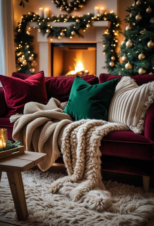 Multiple burgundy and red plaid throw blankets stacked on a neutral gray sofa