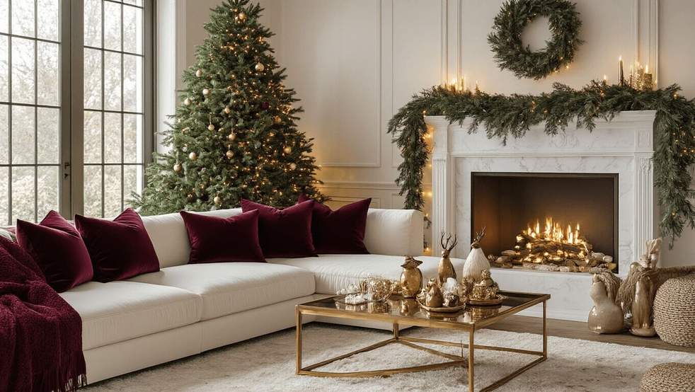 Three framed art prints with burgundy borders on a white wall above a sofa