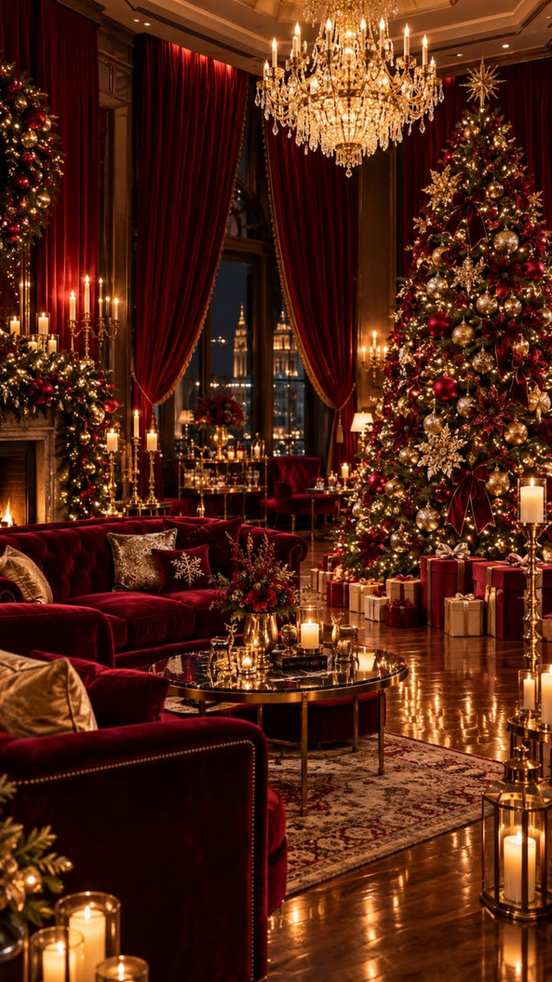 Burgundy velvet wall panels behind a white sofa with gold art frames and warm lighting