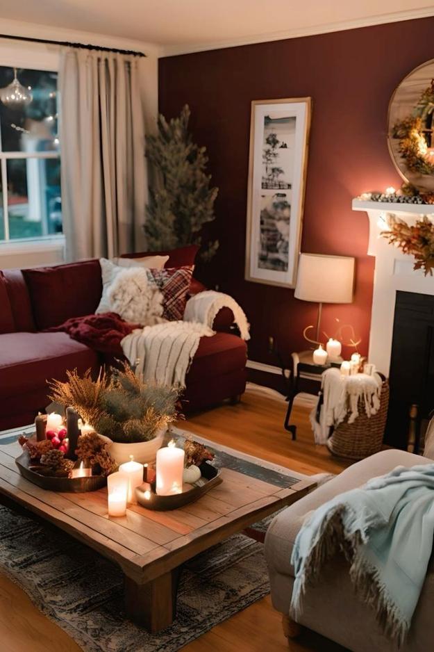 Floor to ceiling burgundy curtains framing a window with soft natural light and neutral furniture