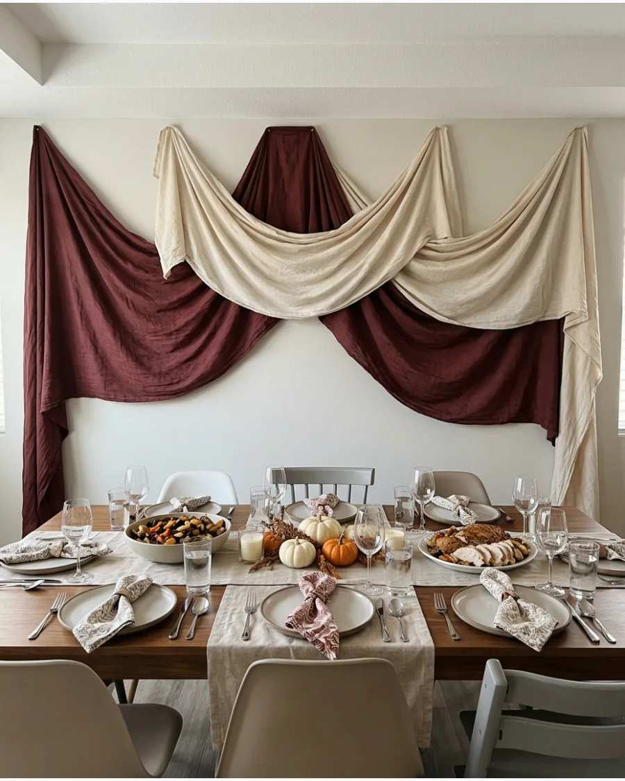 Burgundy and cream draped fabric wall backdrop with soft lighting