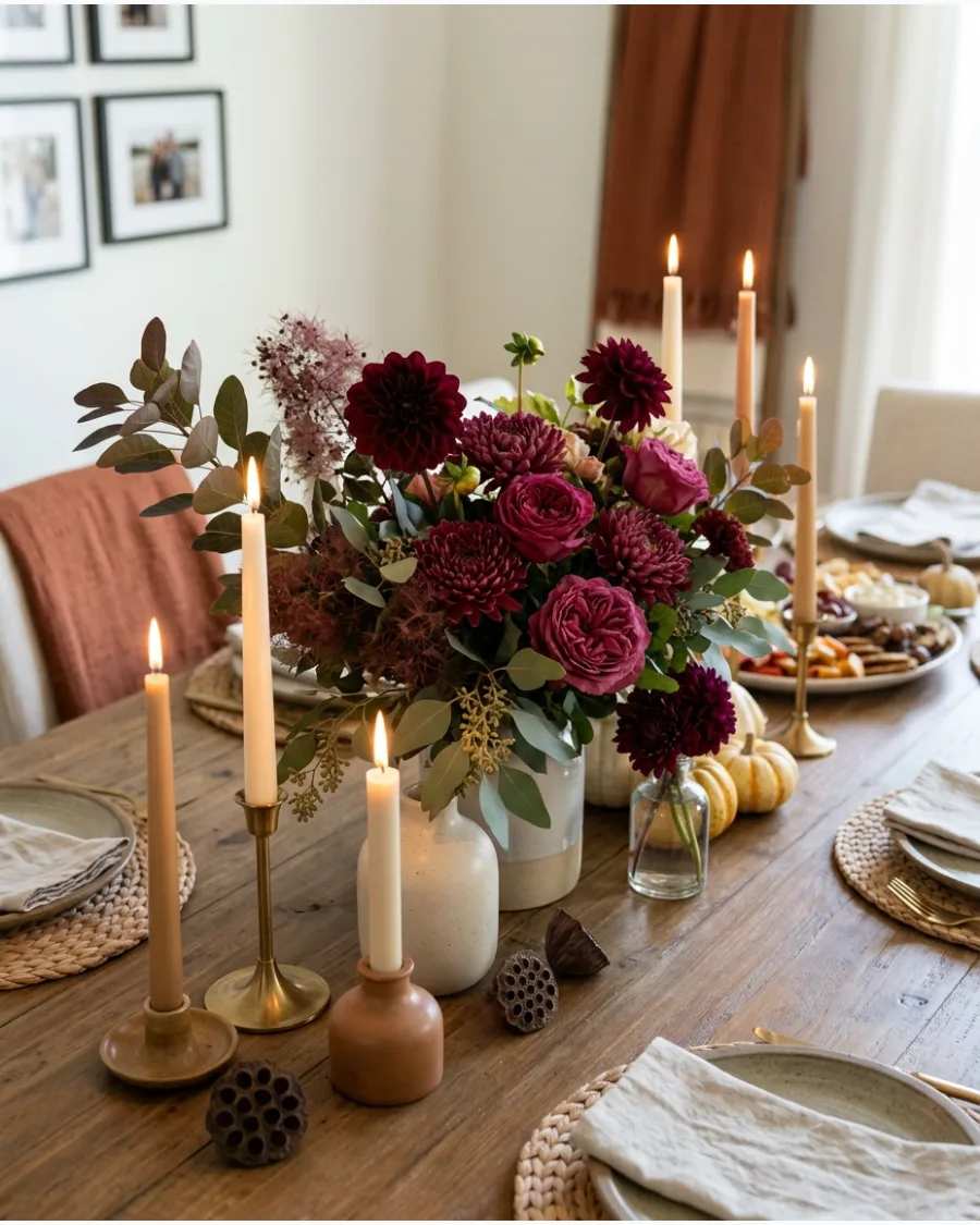 Burgundy dahlias and dusty rose flowers in a low ceramic vase