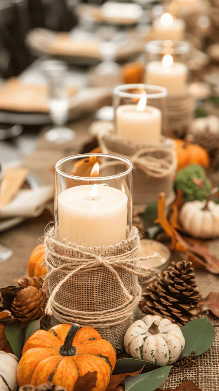 Farmhouse kitchen island, burlap‑wrapped hurricane candles, wooden cutting board, natural light