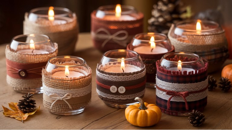 Rustic entryway console, burlap‑lace candle jars, mini pumpkins, reclaimed metal accents, soft glow