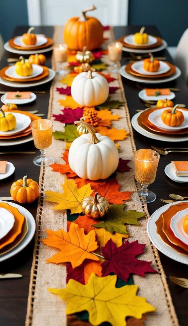 Dining table runner made of burlap, embroidered maple leaves, neutral palette, soft overhead lighting