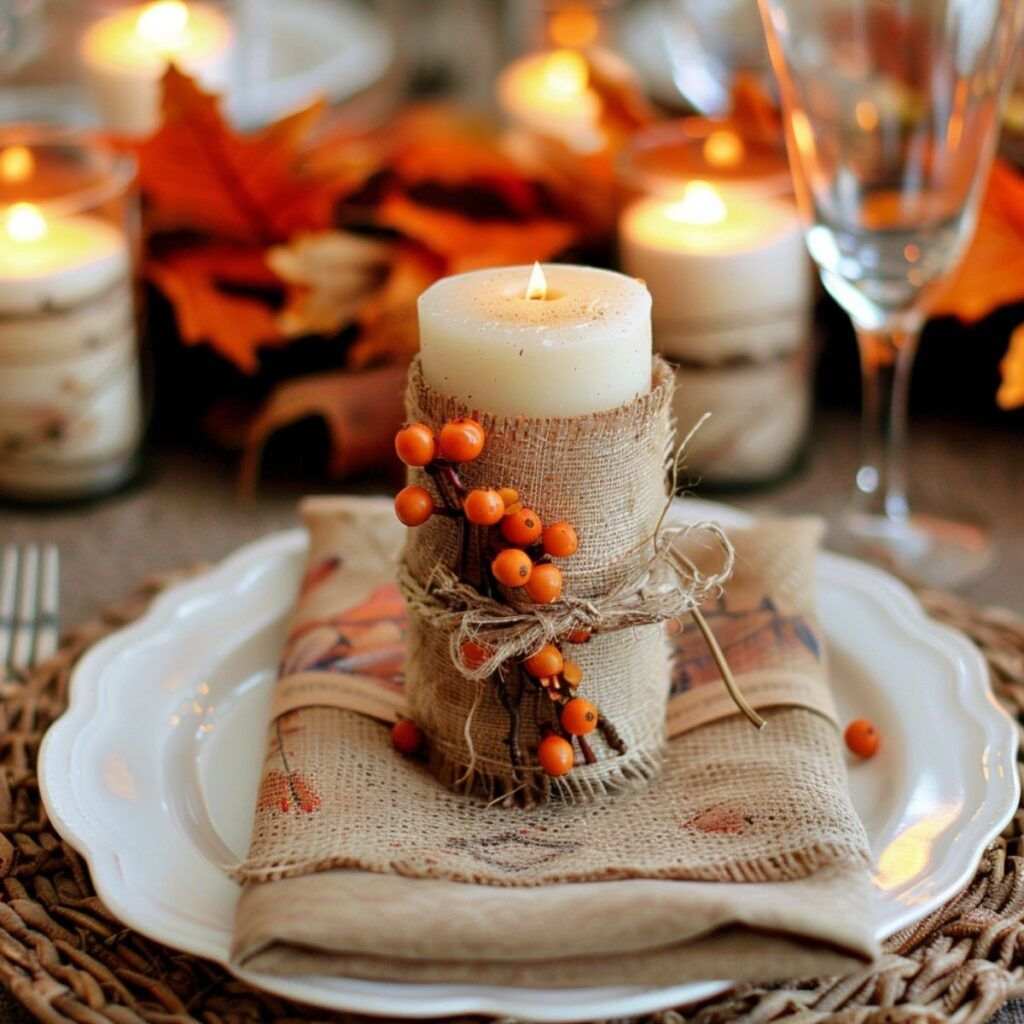 Cozy reading nook, burlap‑wrapped pillar candle, ceramic berry plate, plush armchair, amber lighting