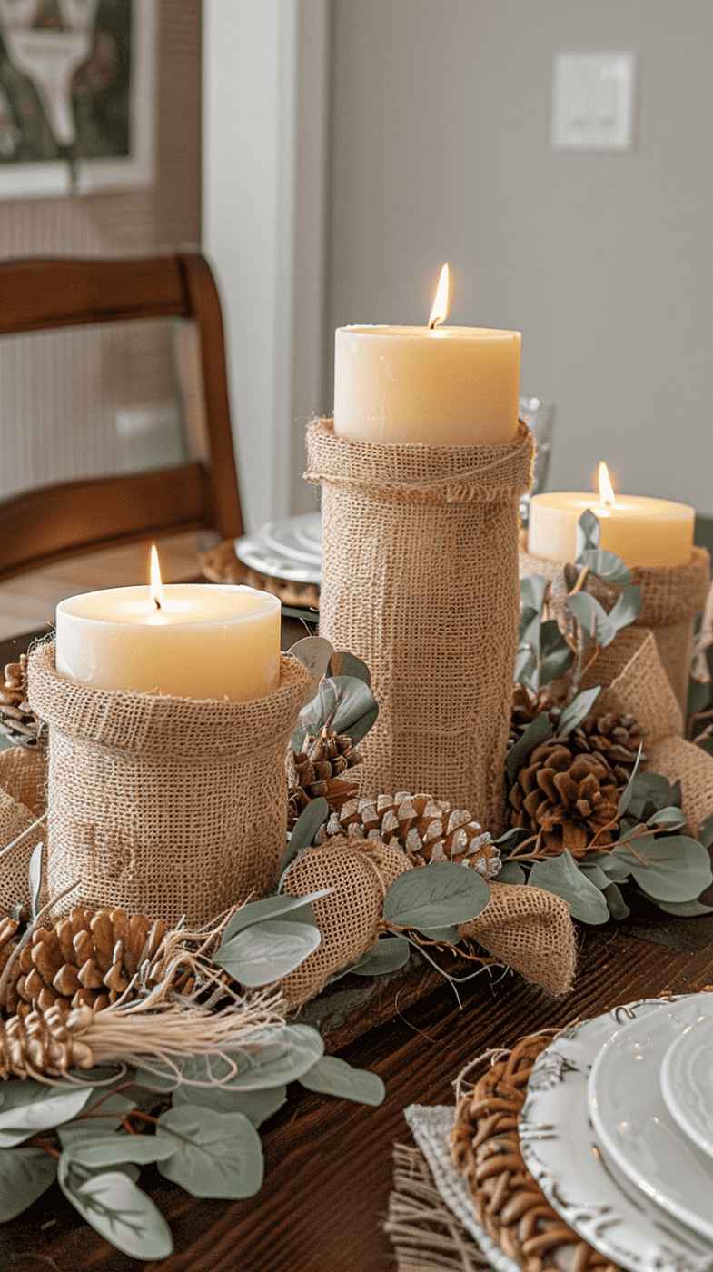 Living room mantel, burlap‑wrapped pillar candles, pinecones, eucalyptus garland, soft candlelight