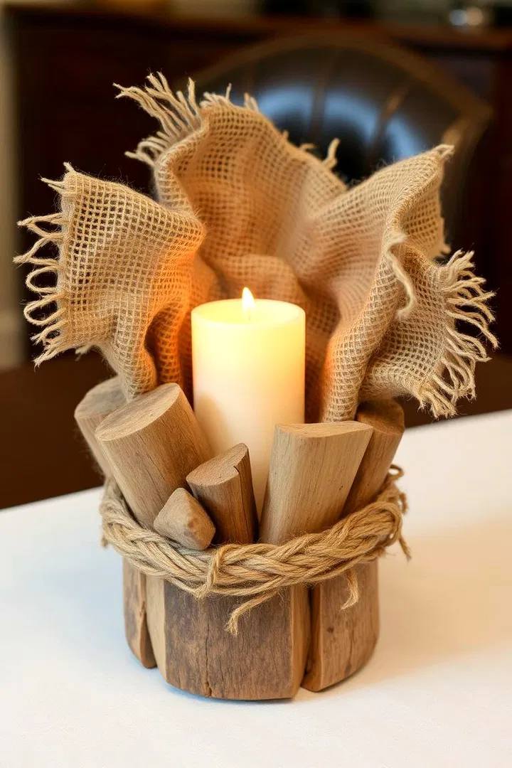 Minimalist hallway, burlap‑wrapped candle, reclaimed wood holder, brushed steel wall sconce, warm lighting