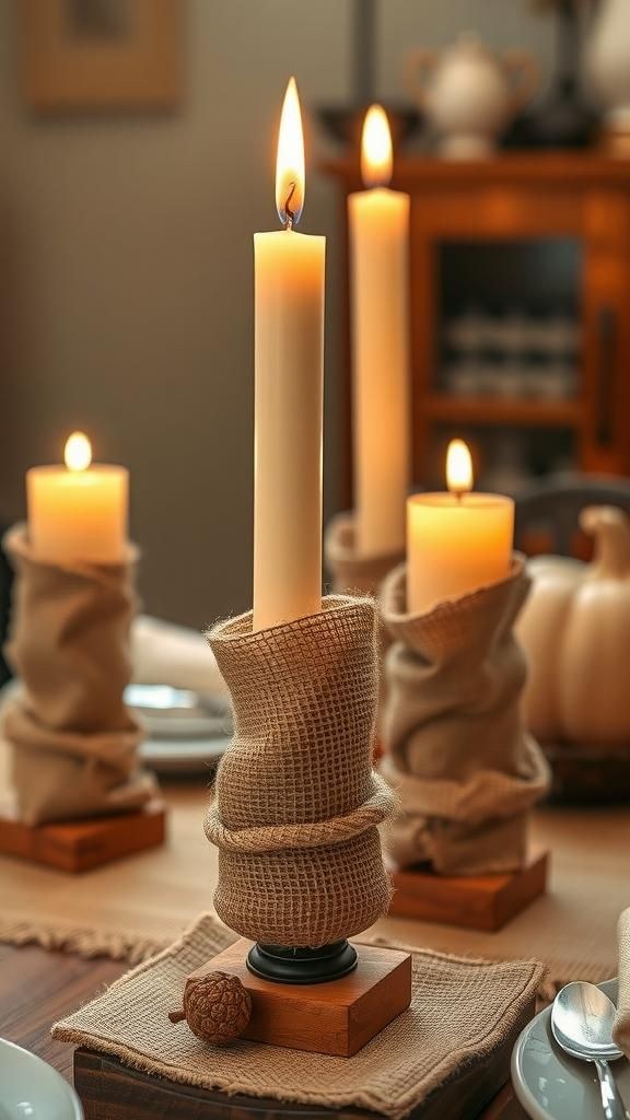 Formal dining table, burlap‑wrapped taper candles, polished oak table, crystal glassware, soft candlelight