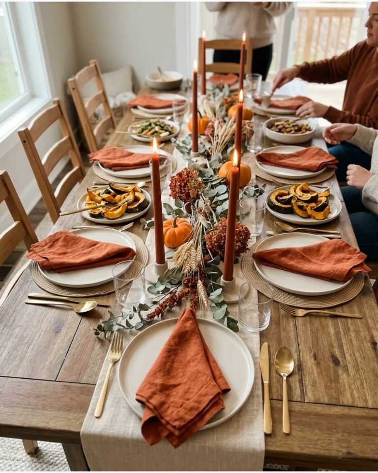 Burnt orange fall tablescape with ceramic plates and wooden bowls