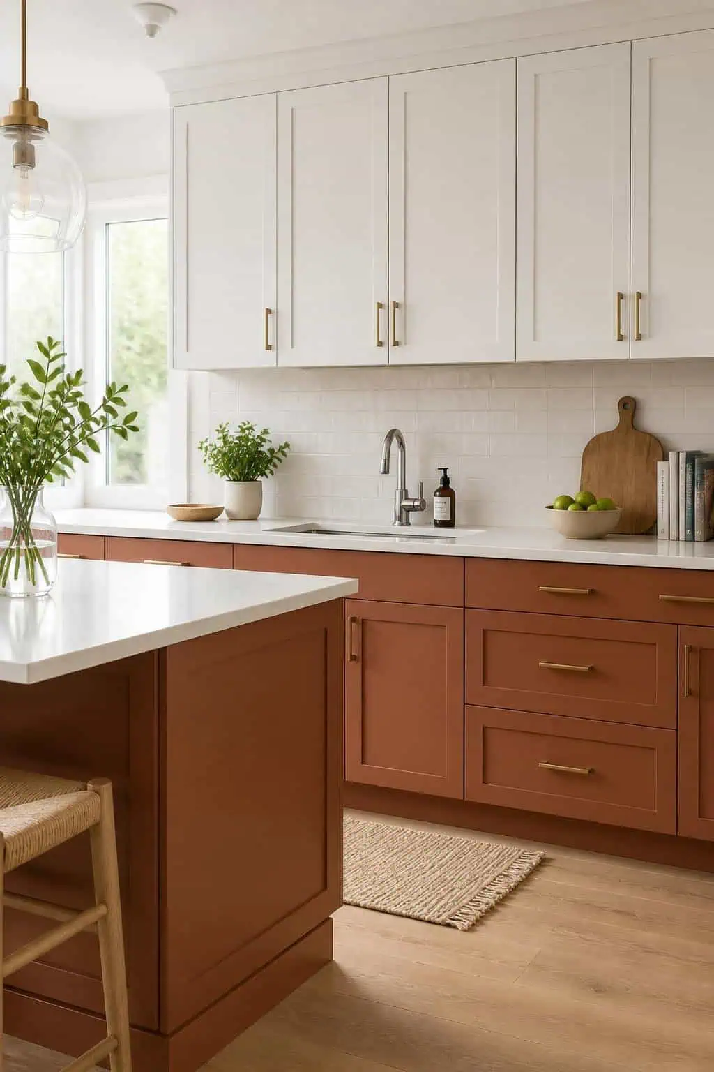 Kitchen scene, burnt sienna lower island, chalky white wall cabinets, wood countertop, natural light