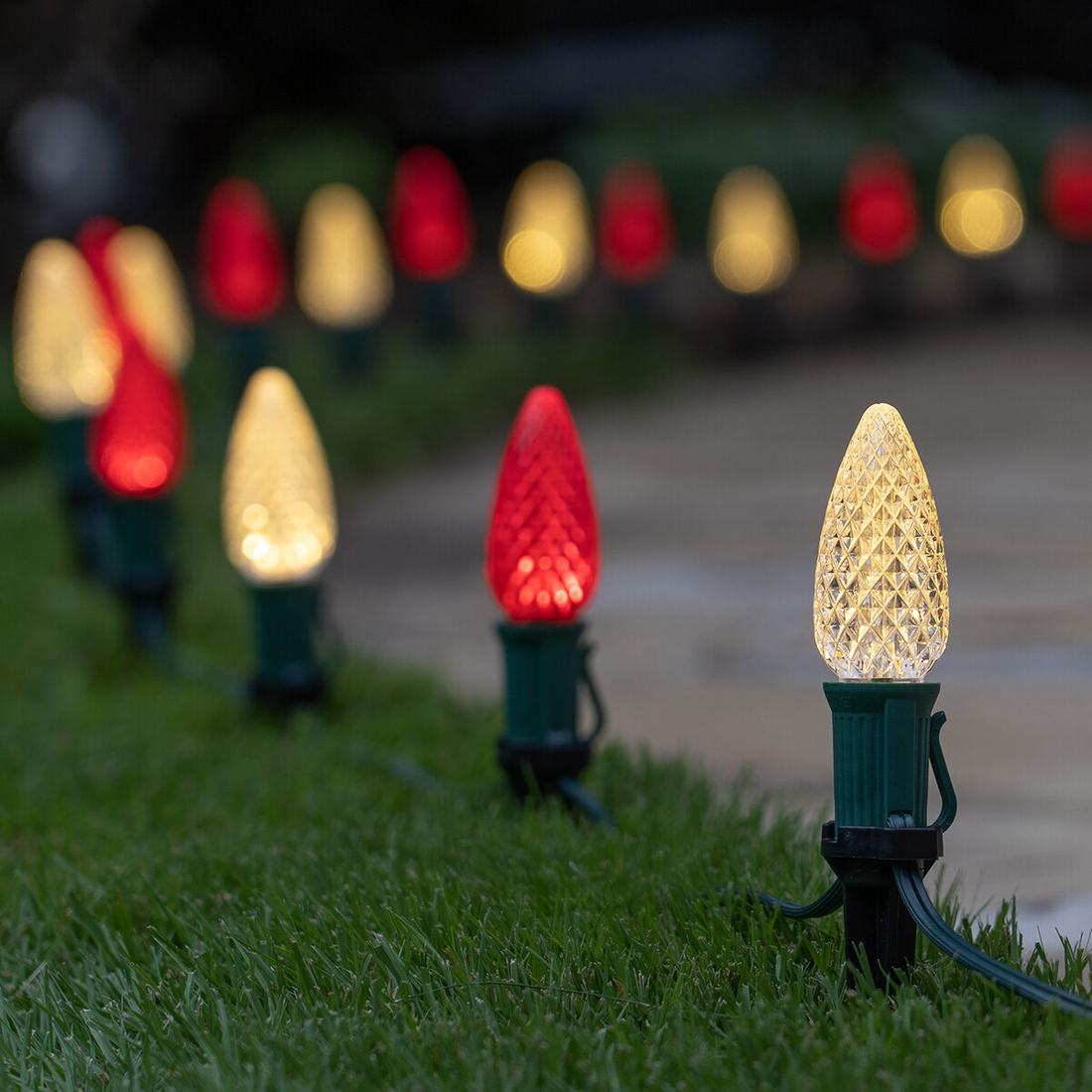 Large C9 outdoor christmas decorations lining a garden path with lush pine foliage.