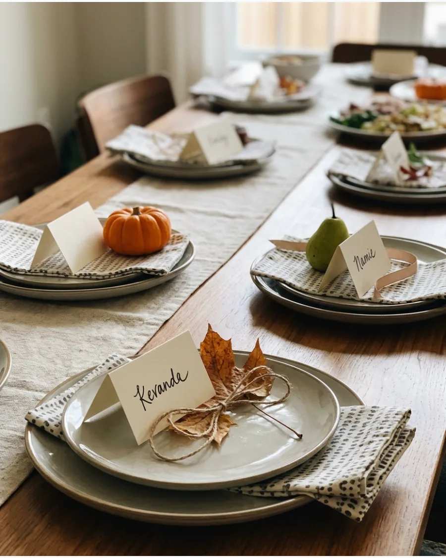 Calligraphy place cards with pears and pumpkins on a white tablecloth