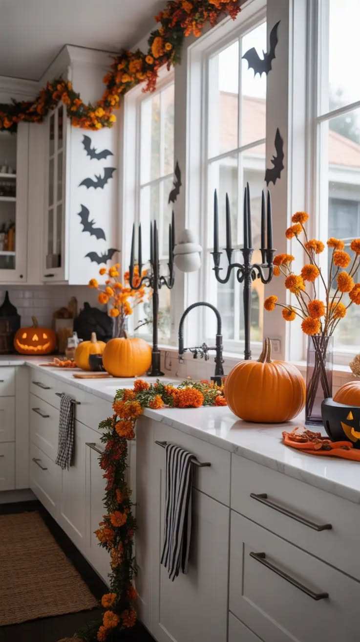 Kitchen window with candelabra and marigold garland in soft evening light