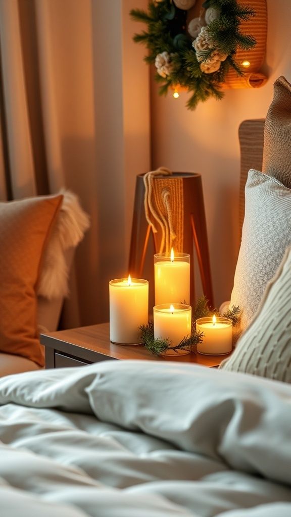 Nightstand with tiered candle arrangement, warm glow, textured bedding, and dark wood accents.