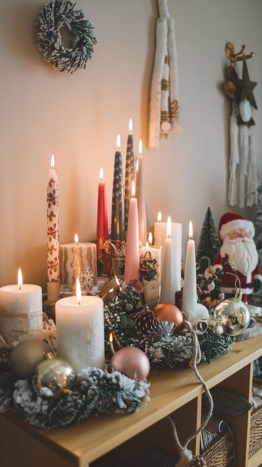 Cluster of candles surrounded by lush greenery on a wooden shelf.