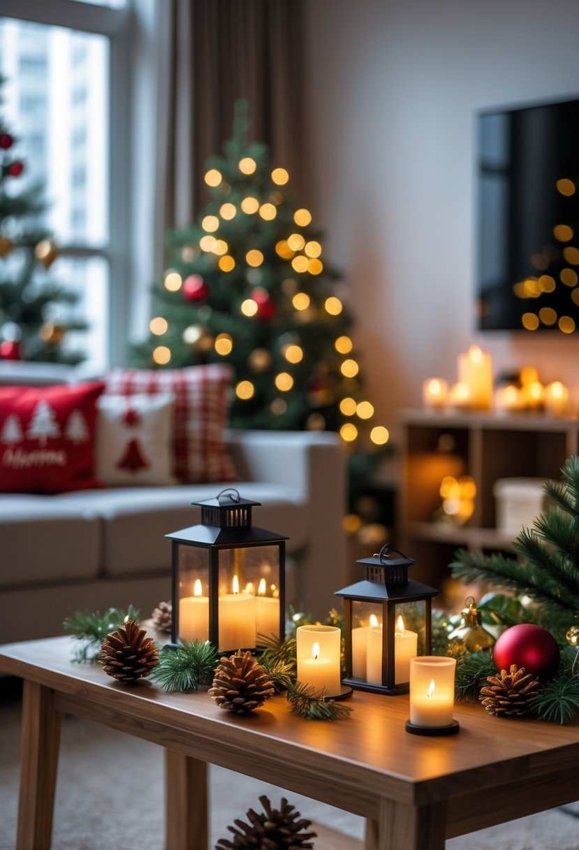 Living‑room side table set with frosted glass lanterns holding tealight candles, surrounded by pine sprigs and tiny ornaments.