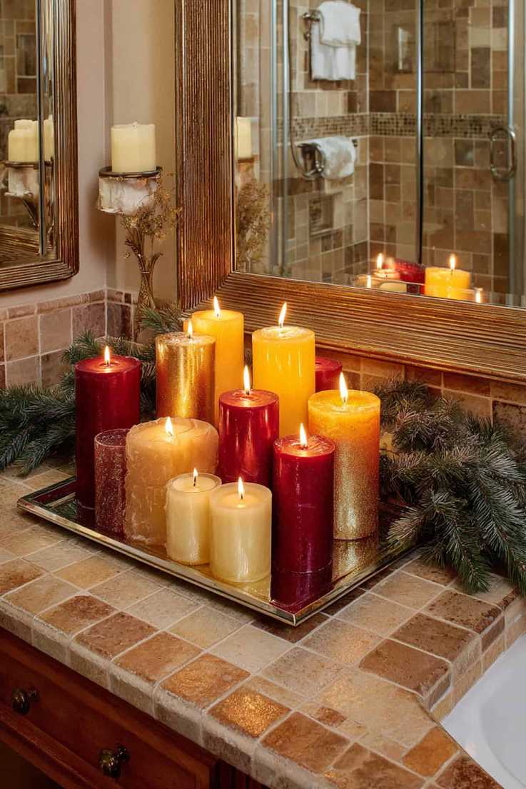 Corner with candles, warm light, cozy bathroom, festive ambiance