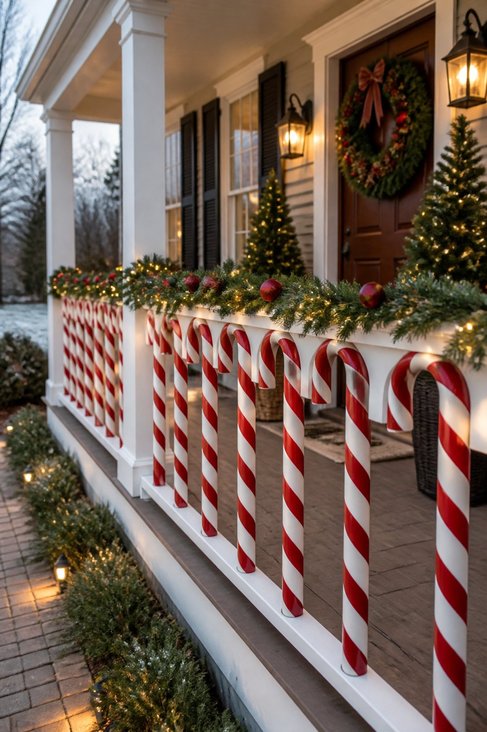 Front porch balusters painted candy cane stripes, red and white, soft lighting
