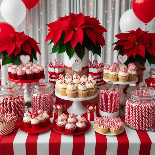 Living room dessert sideboard with white ceramic stands, red striped linens, and fairy lights