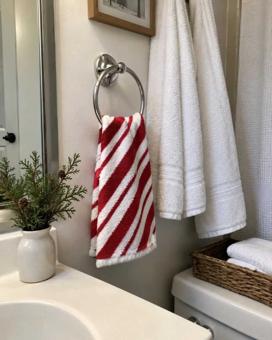 Red and white striped hand towel, ceramic bowl, bright bathroom, festive textile detail