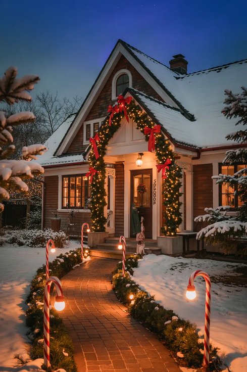 Brick garden walkway lined with illuminated candy cane pathway lights, evergreen sprigs, warm glow.
