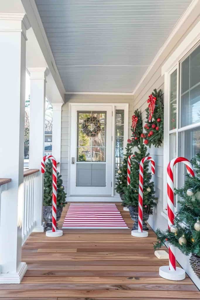 Front porch pathway with candy cane markers, snow dust, soft white lighting