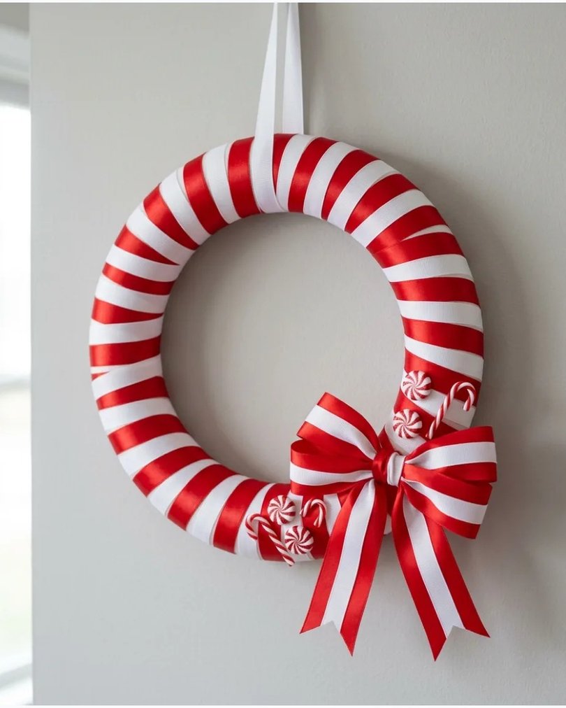 Candy cane ribbon wreath on white door with red accents