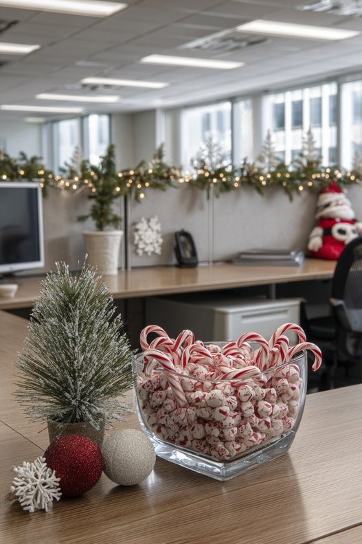 A clear glass bowl filled with candy canes on a wooden desk tray.